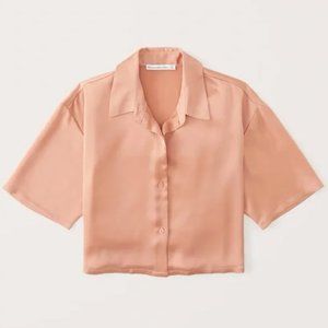 Abercrombie & Fitch Brown Copper 90s Cropped Boxy Satin Button-Up Shirt Size S